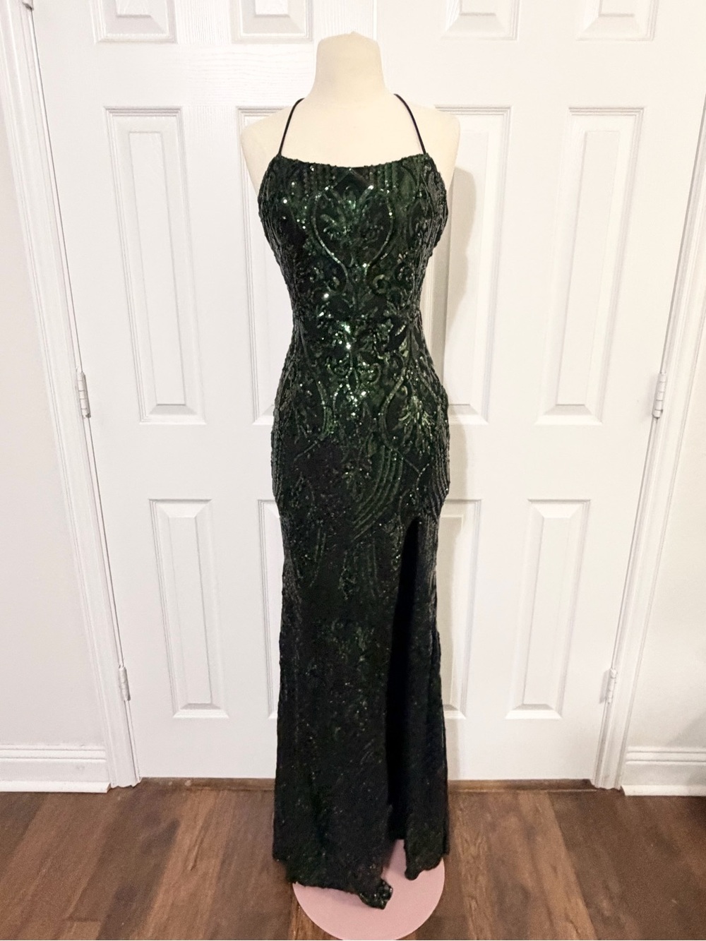 Windsor Dark Green Sequin Halter Prom Gown